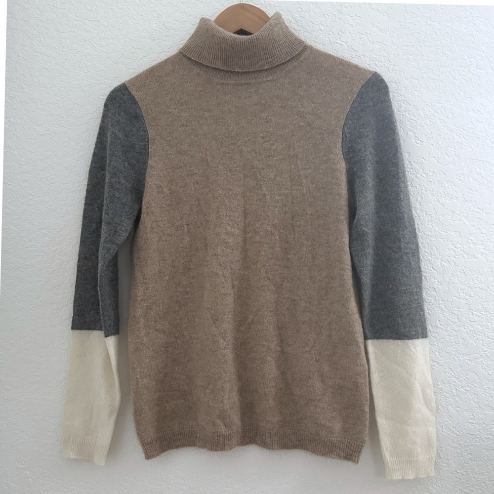 Morgan Taylor Neutral Old Money Cashmere Turtleneck Colorblock Knit Sweater Sz M